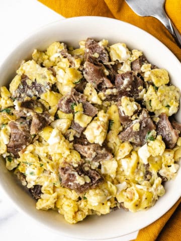 steak and egg scramble served and ready to eat