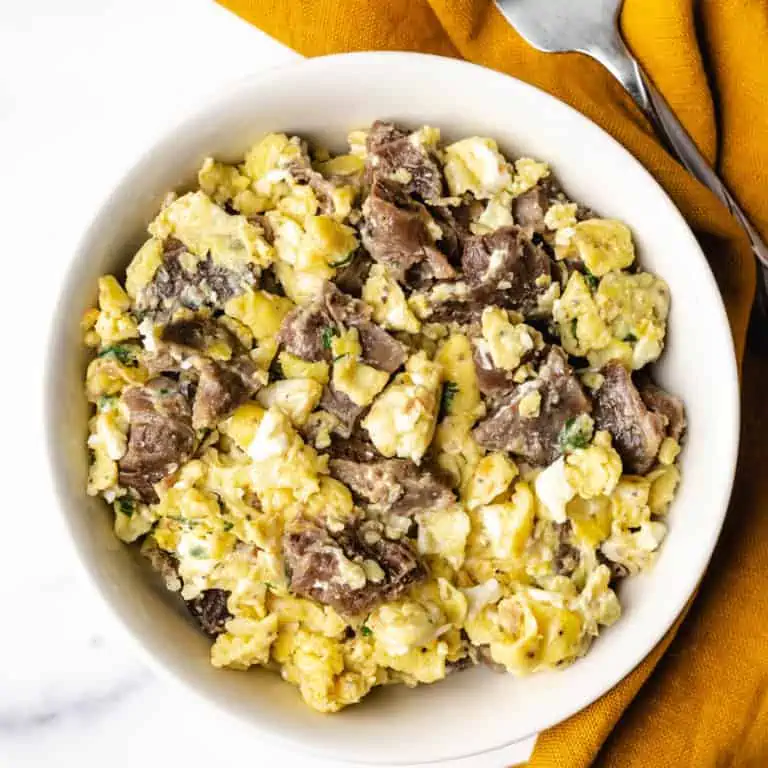 steak and egg scramble served and ready to eat