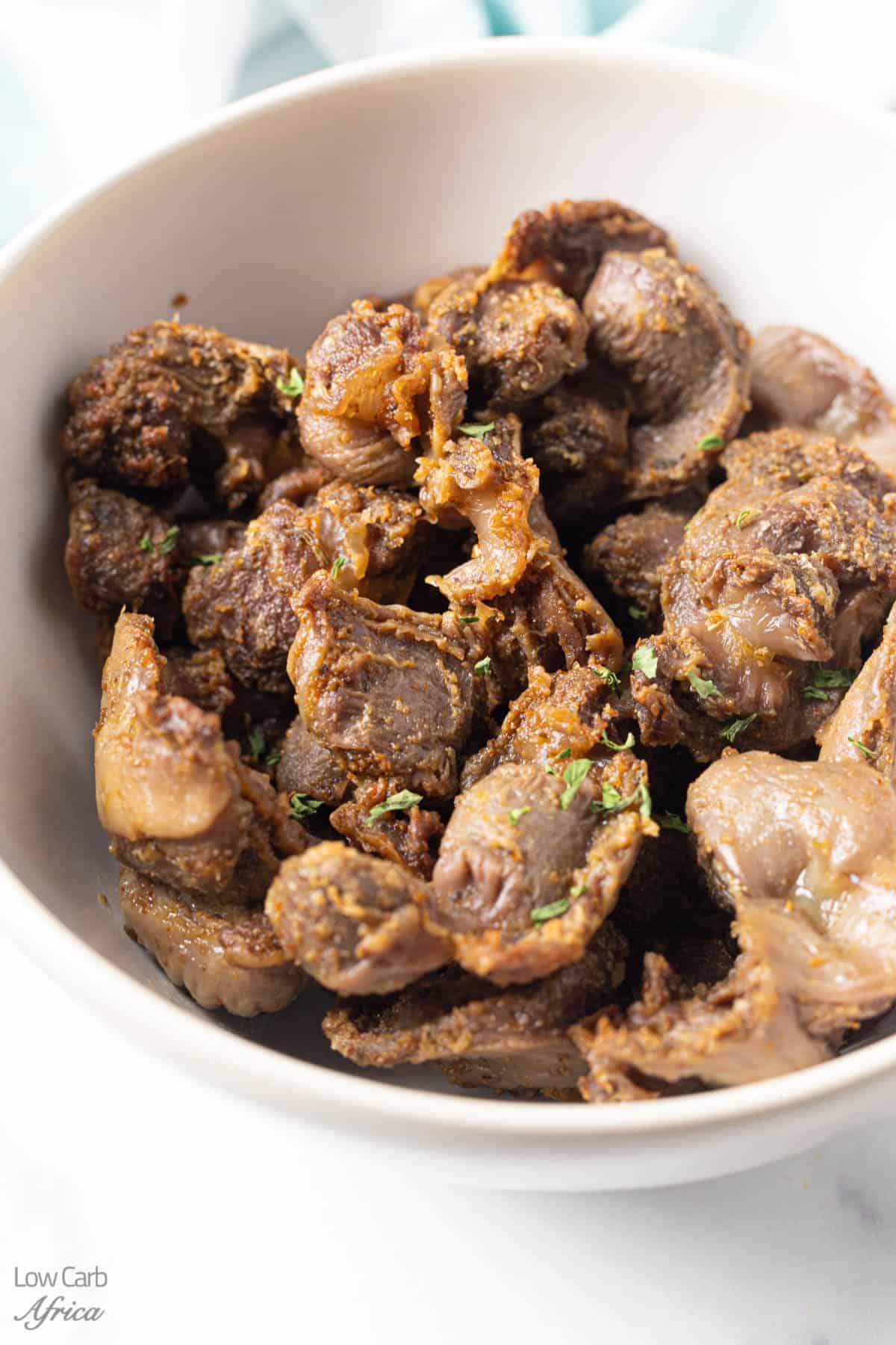 Crispy air fryer chicken gizzards are ready to eat.