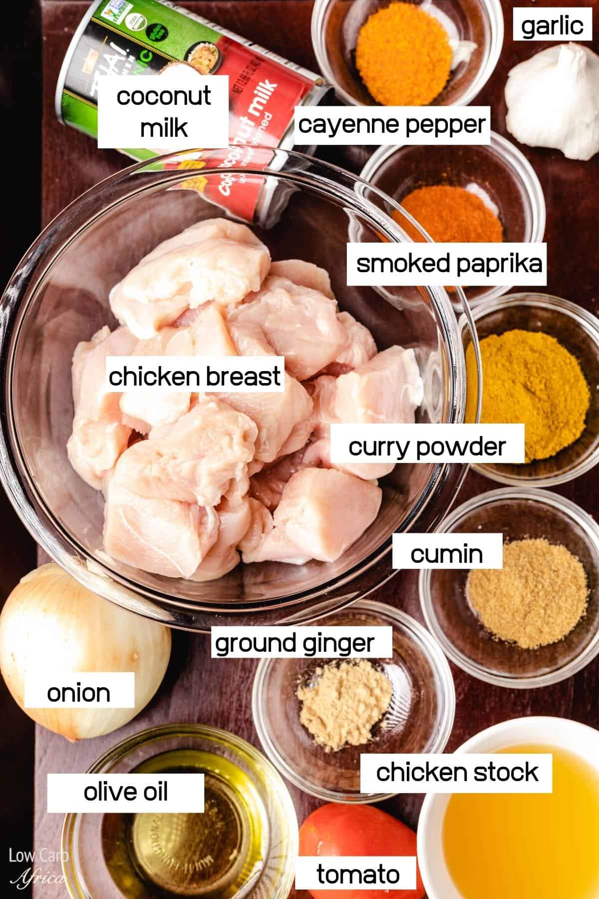 chicken breast, spices, tomatoes, coconut milk