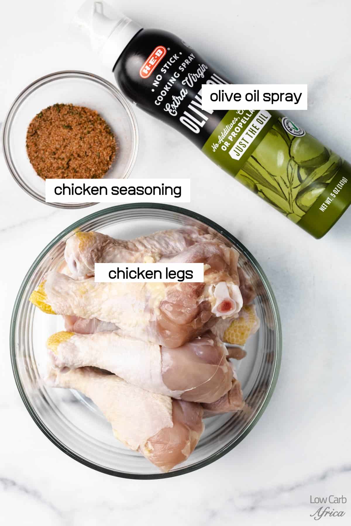 chicken legs, seasoning, olive oil