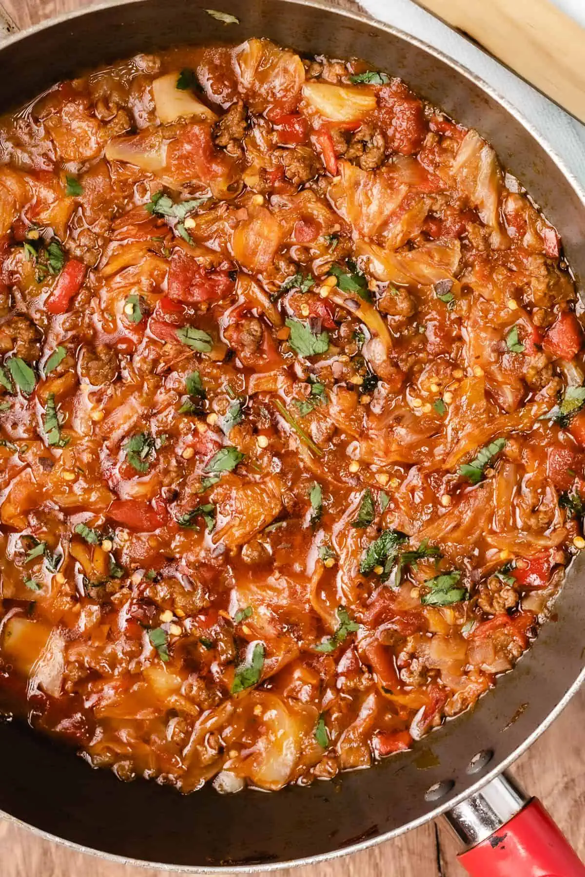 spicy cabbage soup in a skillet