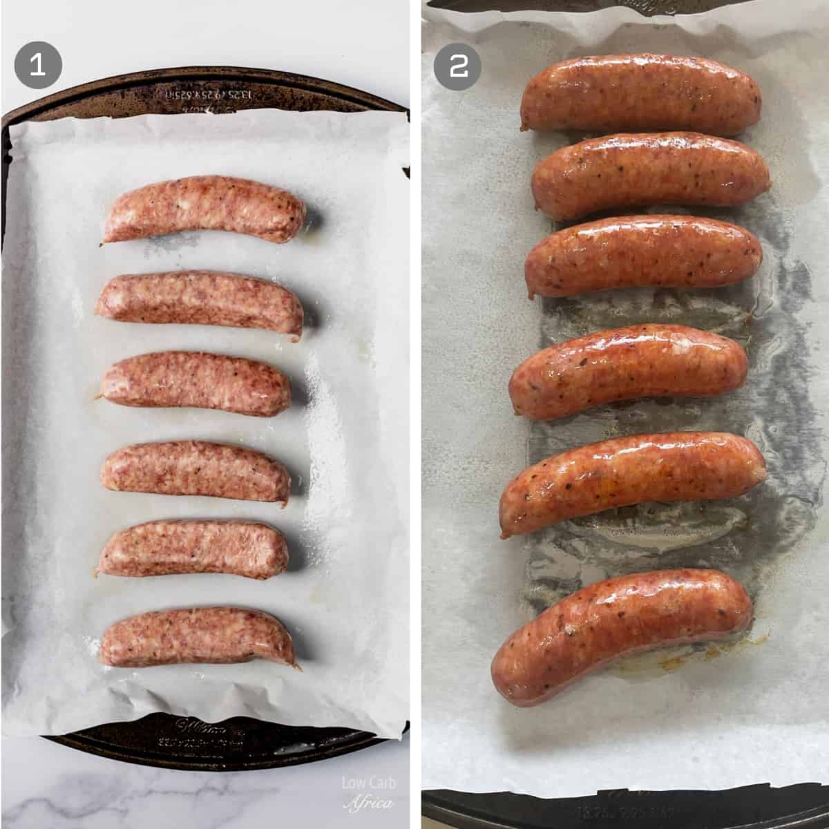 sausage on baking sheet in oven
