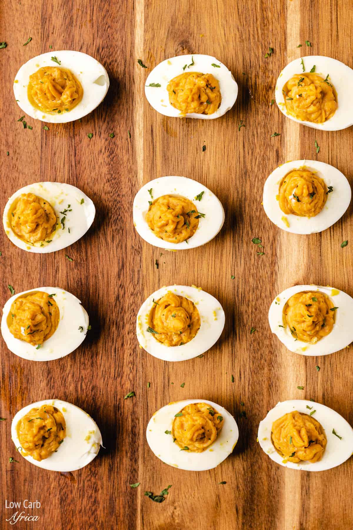 keto deviled eggs on tray