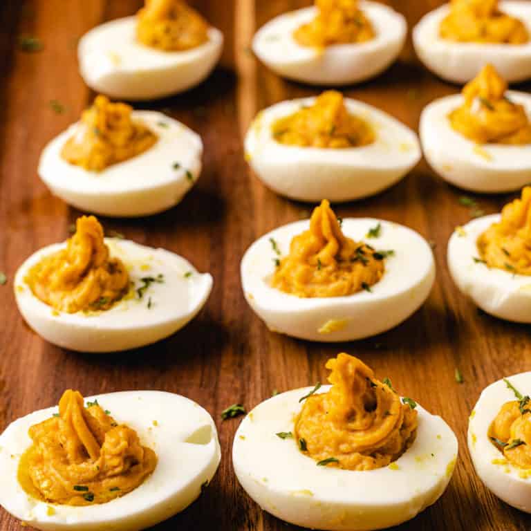 keto deviled eggs on a tray