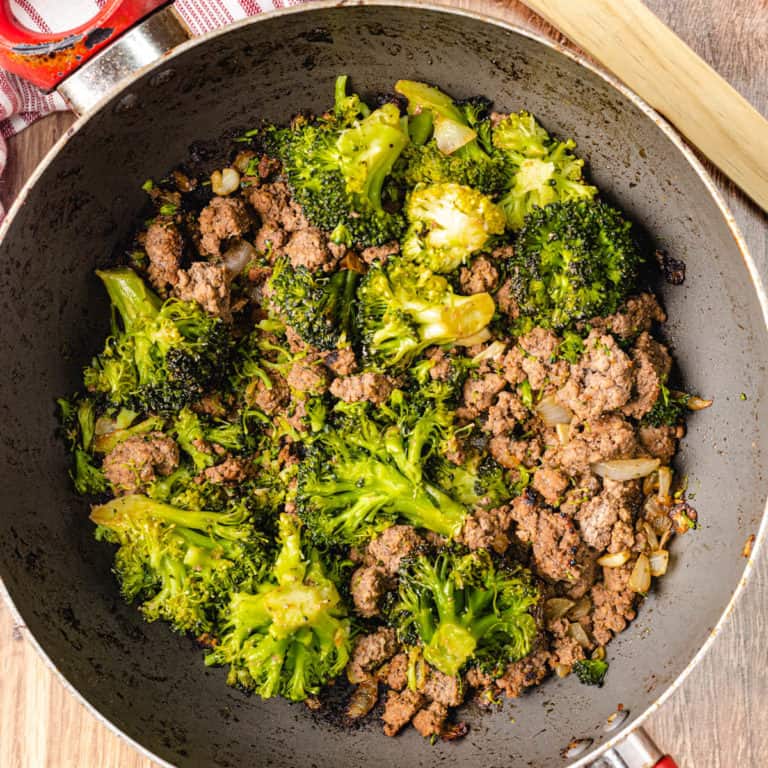 Keto Ground Beef and Broccoli in a pan
