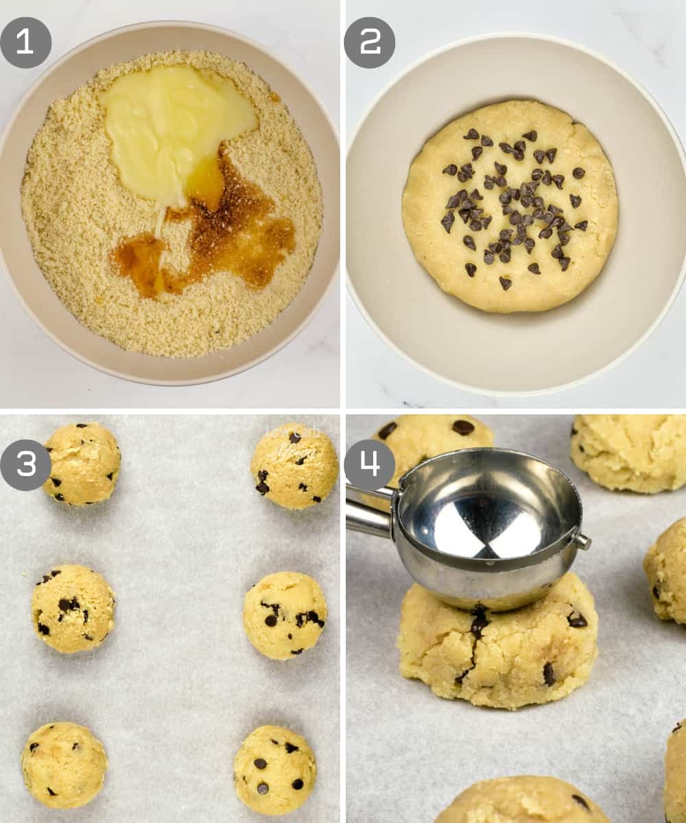 Instructions on how to make keto chocolate chip cookies.