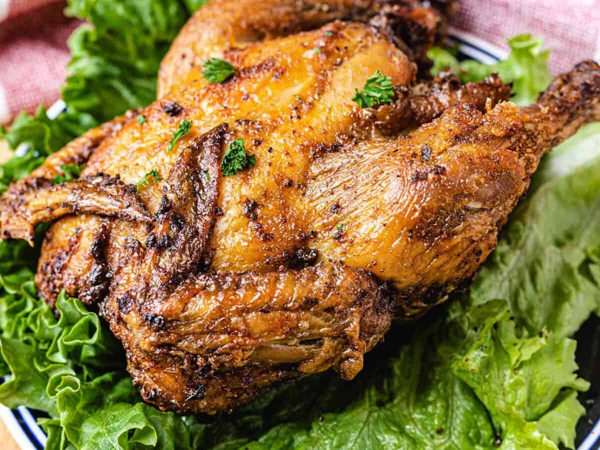 small cornish hen on a bed of lettuce