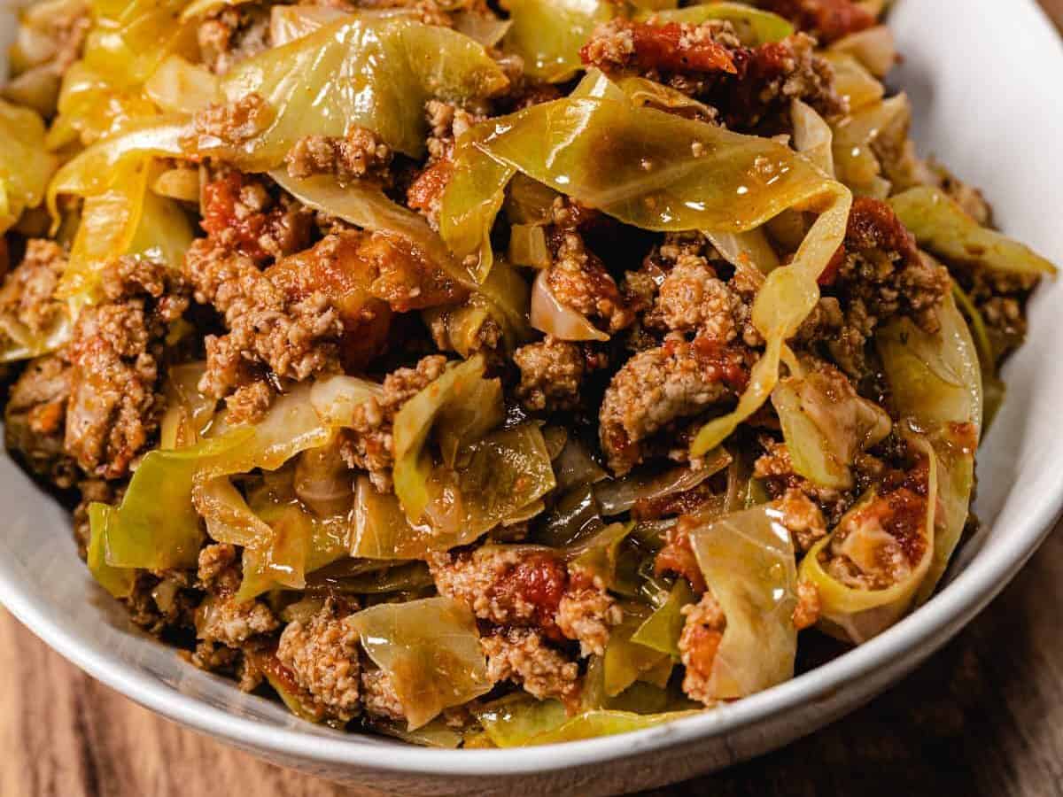 Cabbage and Ground Beef in a plate.