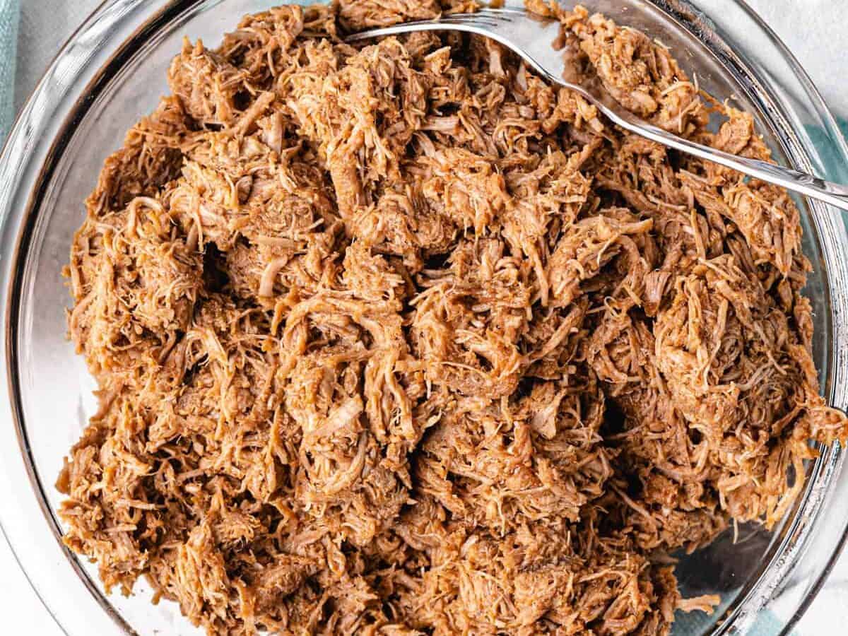 bowl of pulled pork made in instant pot.