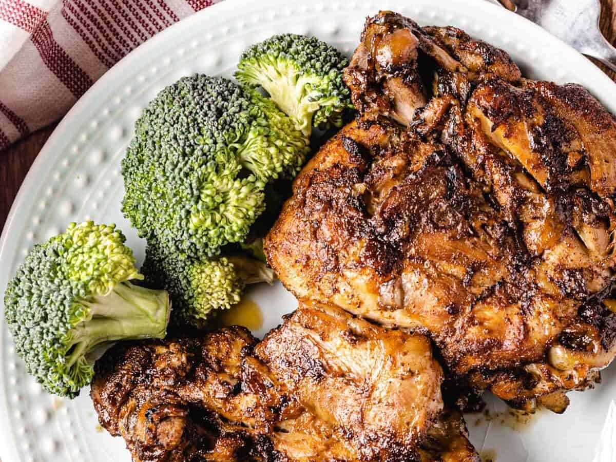 plate of instant pot turkey thighs with broccoli.