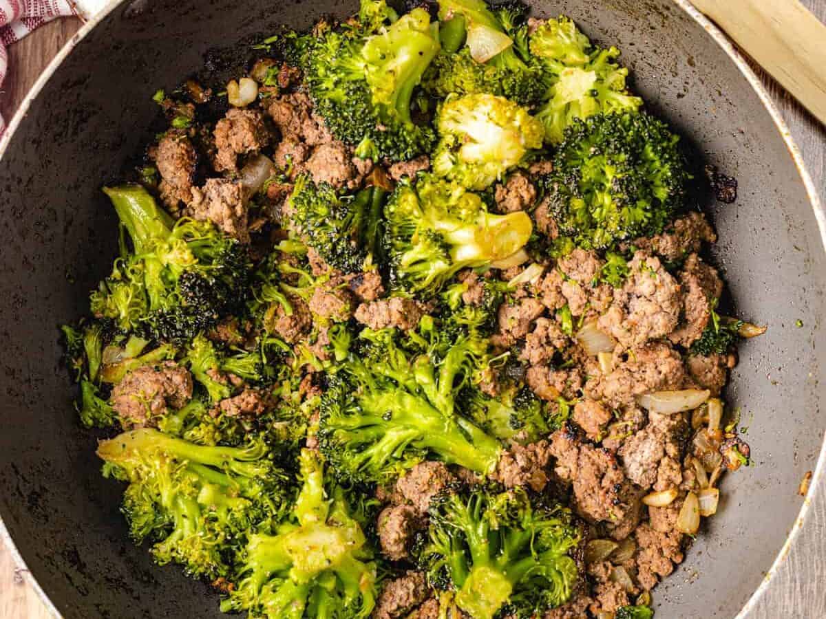 Keto Ground Beef and Broccoli in a pan