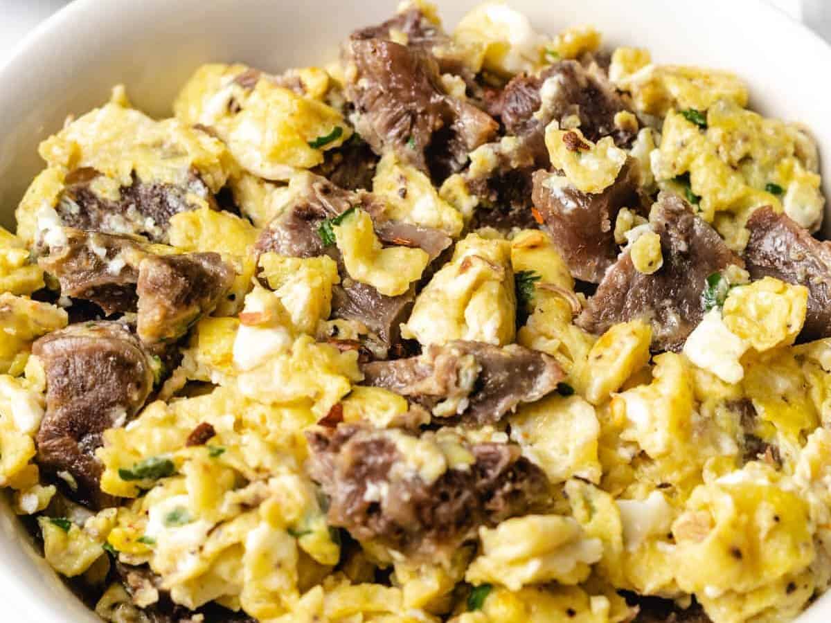 steak and egg scramble served and ready to eat