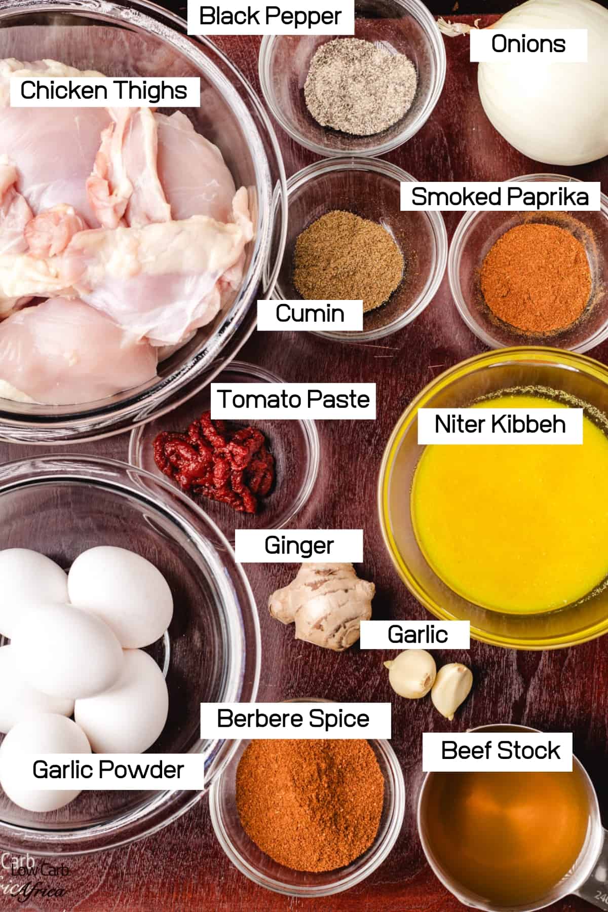 chicken, eggs, spices
