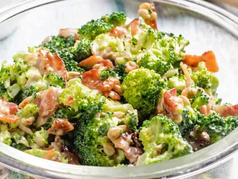 bacon broccoli with sunflower seeds in a bowl