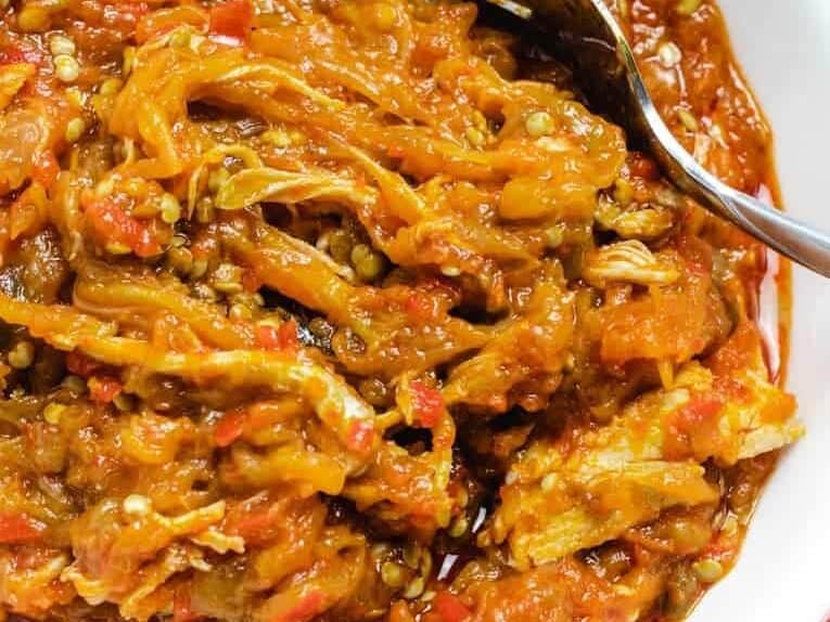 close up image of eggplant chicken stew