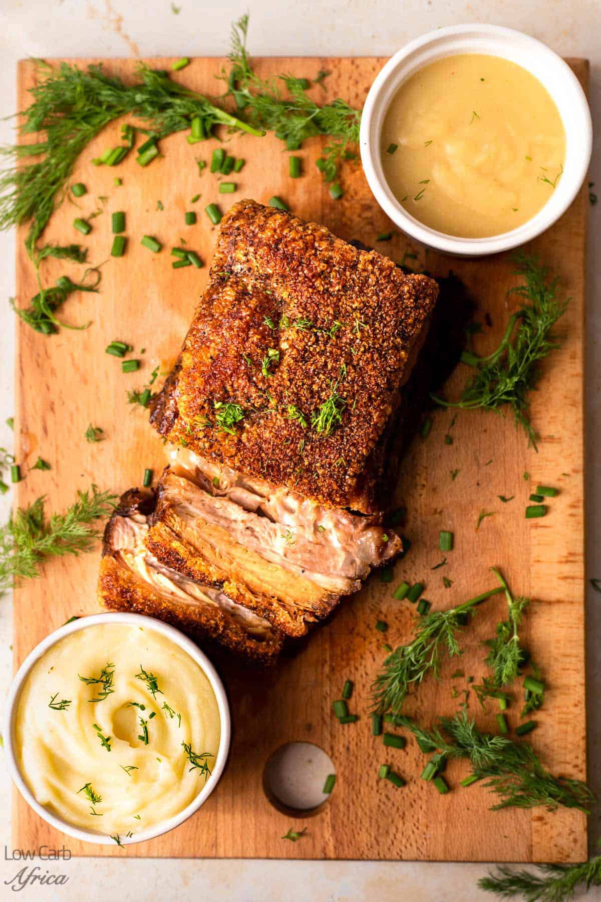 Golden brown crispy pork belly with dipping sauce