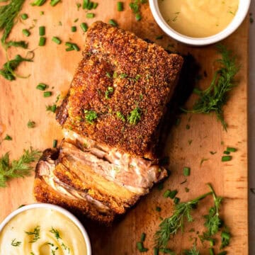 Crispy pork belly with dipping sauce