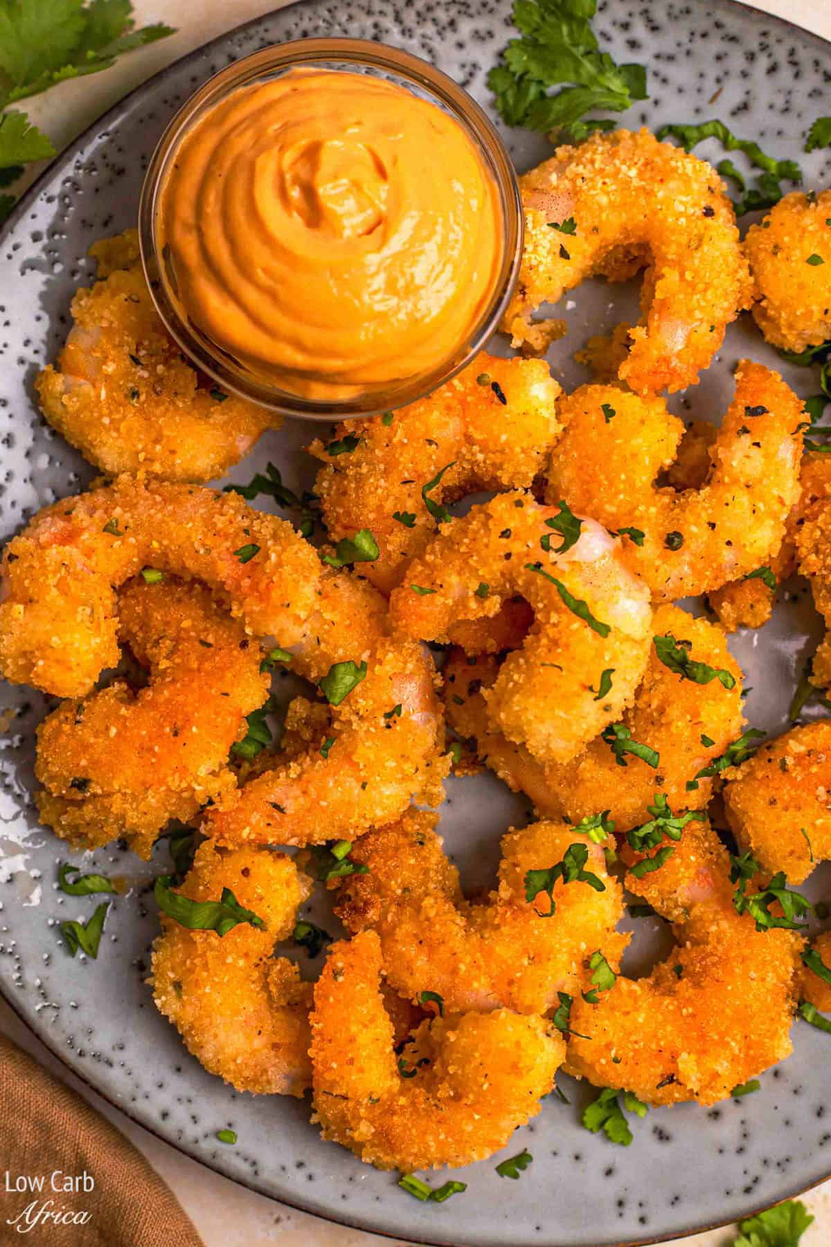 keto fried shrimp in a plate with dipping sauce