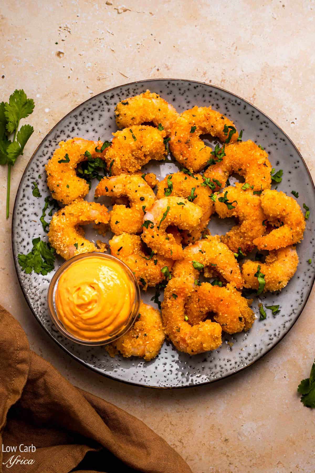 keto fried shrimp in a plate with dipping sauce